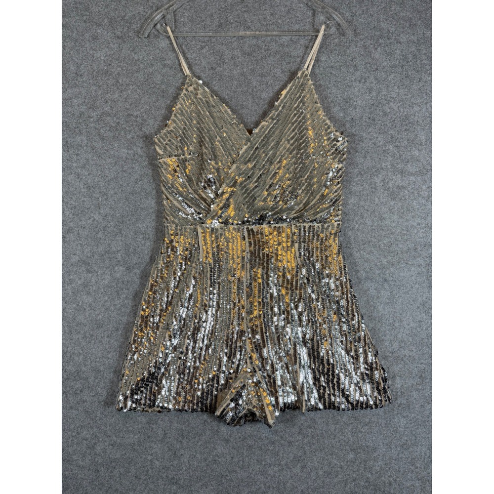 Lucy Wang Sequin Romper Women Large Silver Excellent Surplice V-Neck Party